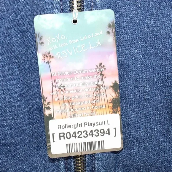 NEW Revice Blue Cotton Zip Front Rollergirl Playsuit Denim Romper Size L - Picture 6 of 10